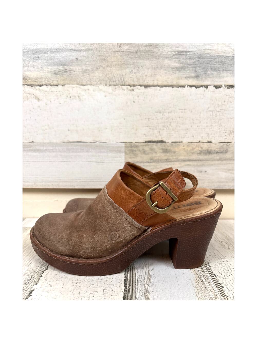 Born Womens 9 Brown Leather Suede Vidar Slingback Clog Mule Heeled Shoes